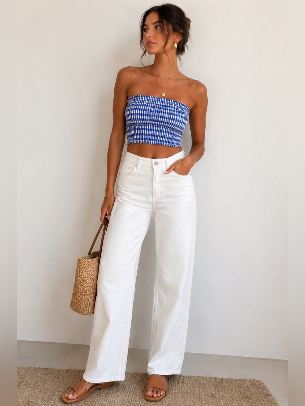 Universal Thread Blue Gingham Smocked Strapless Bandeau Crop Top M